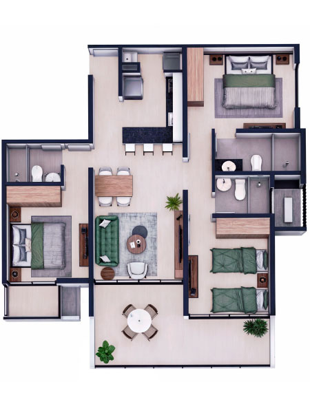 2 Dormitorios 105.30 m²