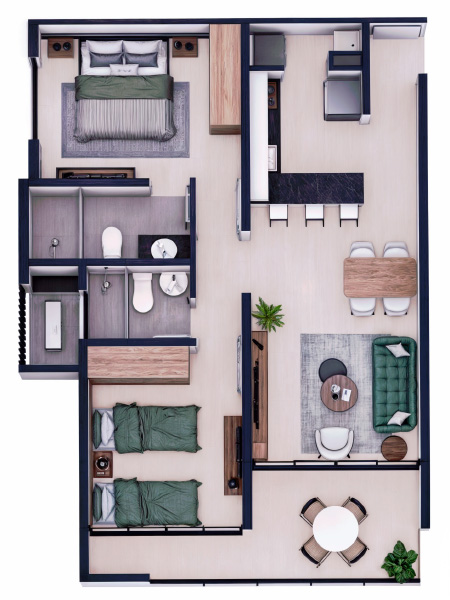 2 Dormitorios 55.20 m²